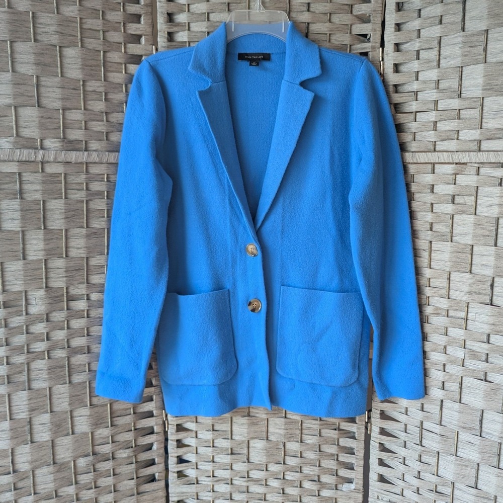 Ann Taylor Sweater Blazer Cornflower Blue Knit Cardigan XS Comfortable Office